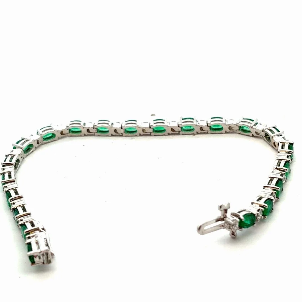 Estate 14K White Gold Oval Emerald Round Diamond Statement Tennis Bracelet